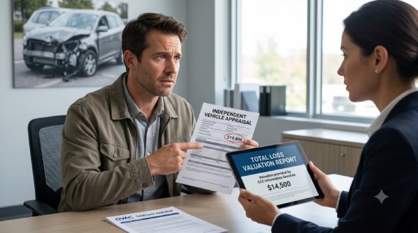 Driver pointing to a $19,800 independent vehicle appraisal next to a $14,500 CCC total loss valuation report from a DVAC appraiser