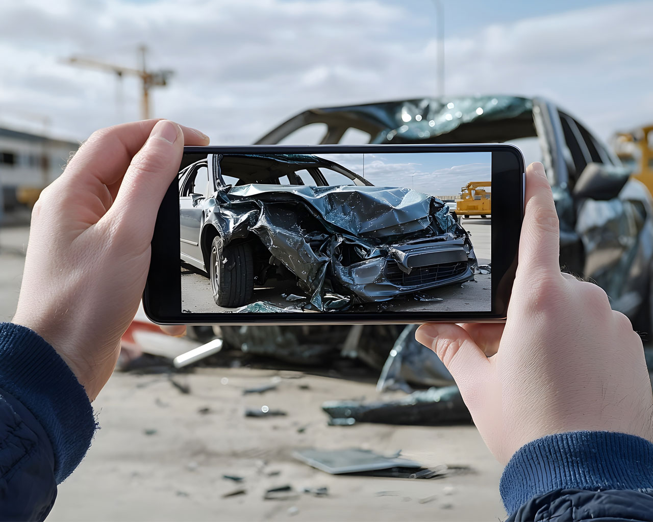 a person taking a photo of a car accident scene with his smart phone